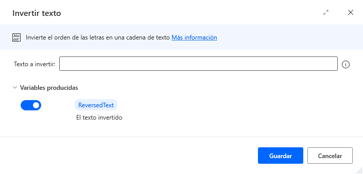 Captura de pantalla de las propiedades de la acción de invertir texto de relleno