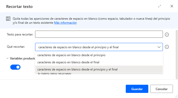 Captura de pantalla de las propiedades de la acción Recortar texto.