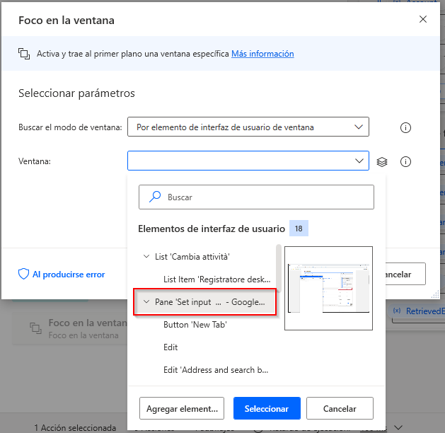 Captura de pantalla de la acción Foco en la ventana.