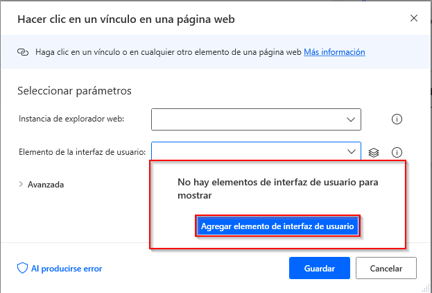 Captura de pantalla del botón Agregar un nuevo elemento de interfaz de usuario en la acción Hacer clic en un vínculo en una página web