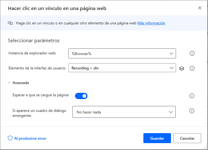 Captura de pantalla de la acción Hacer clic en un vínculo en una página web.