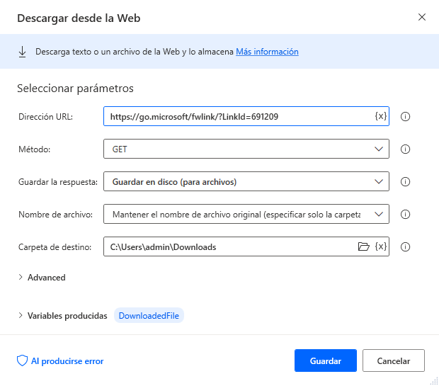Captura de pantalla de la acción Descargar desde la web.
