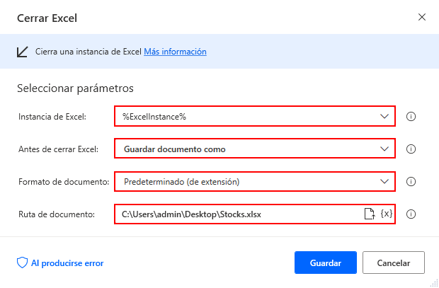 Captura de pantalla del cuadro de diálogo de la acción Cerrar Excel.