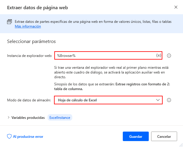 Captura de pantalla de la acción Extraer datos de la página web.