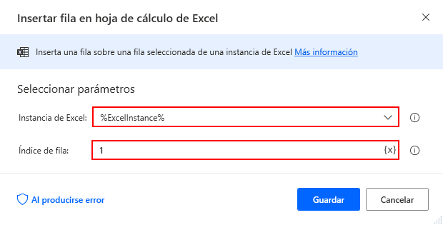 Captura de pantalla de la acción Insertar fila en hoja de cálculo de Excel.