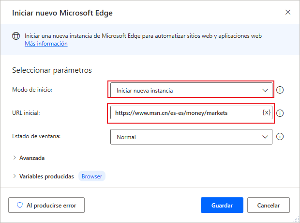 Captura de pantalla de la acción Iniciar nuevo Edge