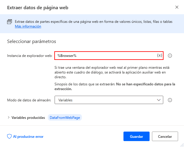 Captura de pantalla de la acción Extraer datos de la página web