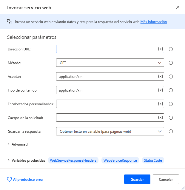 Captura de pantalla de la acción Invocar servicio web.