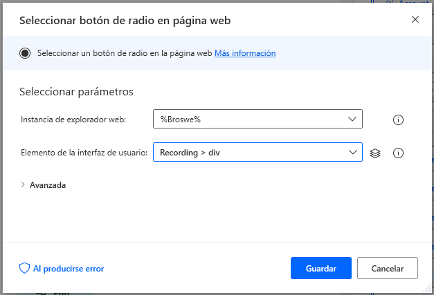 Captura de pantalla de la acción Seleccionar un botón de radio en la página web.