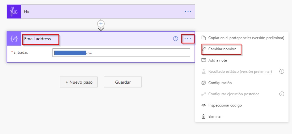 Captura de pantalla de la acción de redacción de correo electrónico con la dirección de correo electrónico y el cambio de nombre resaltados.