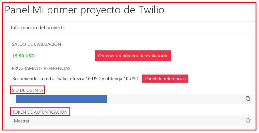 Captura de pantalla del cuadro de diálogo del proyecto de Twilio con el SID de cuenta y el token de autenticación resaltados