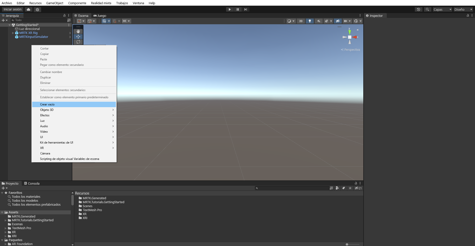 Captura de pantalla que muestra cómo crear y agregar un objeto vacío a la escena.