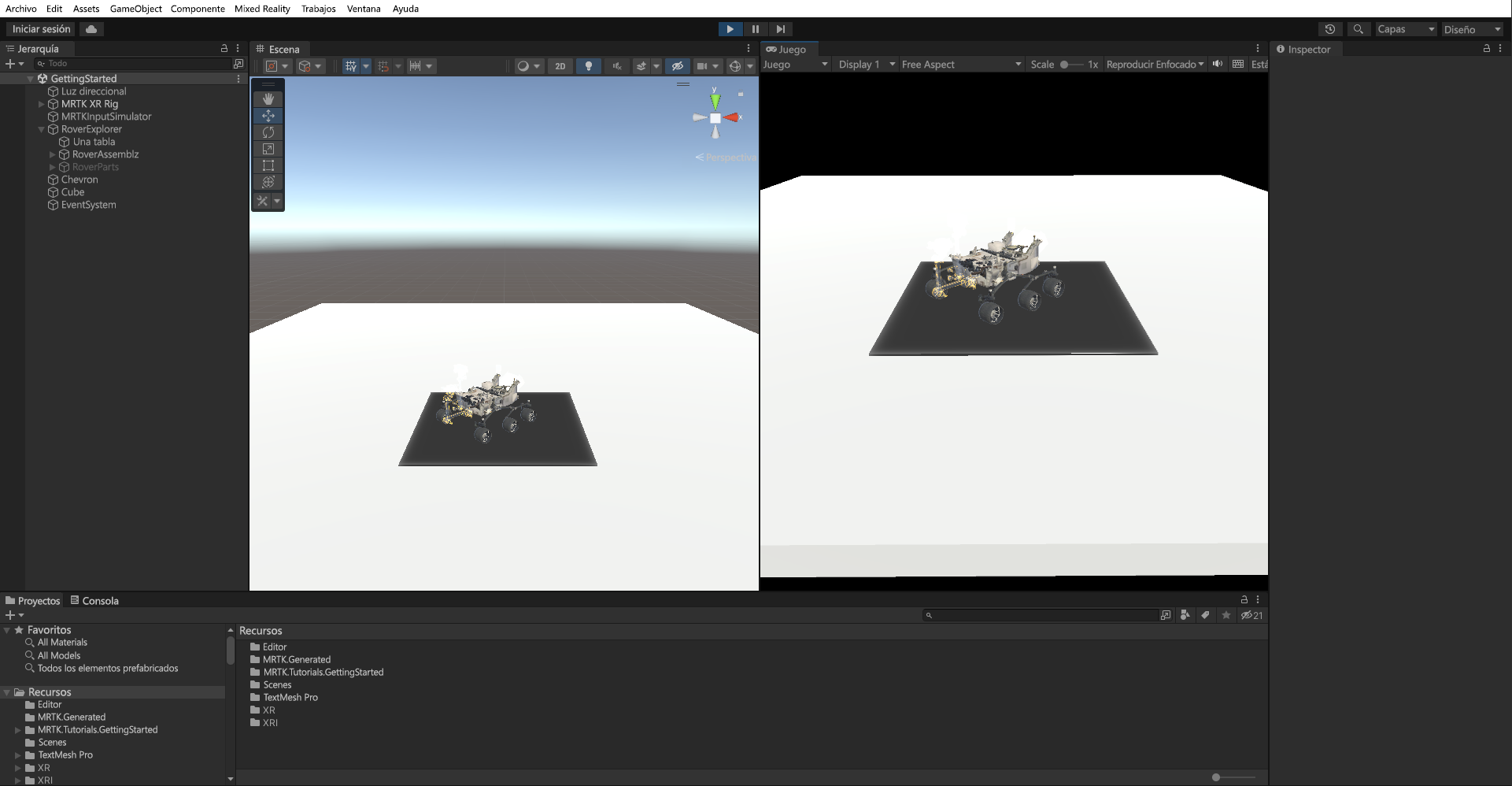 Captura de pantalla que muestra la vista dividida del modo Reproducir, con la mirada apuntando al objeto RoverAssembly.