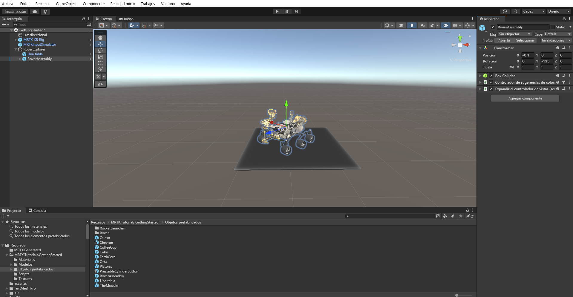 Captura de pantalla del objeto Prefab RoverAssembly recién agregado seleccionado y posicionado.