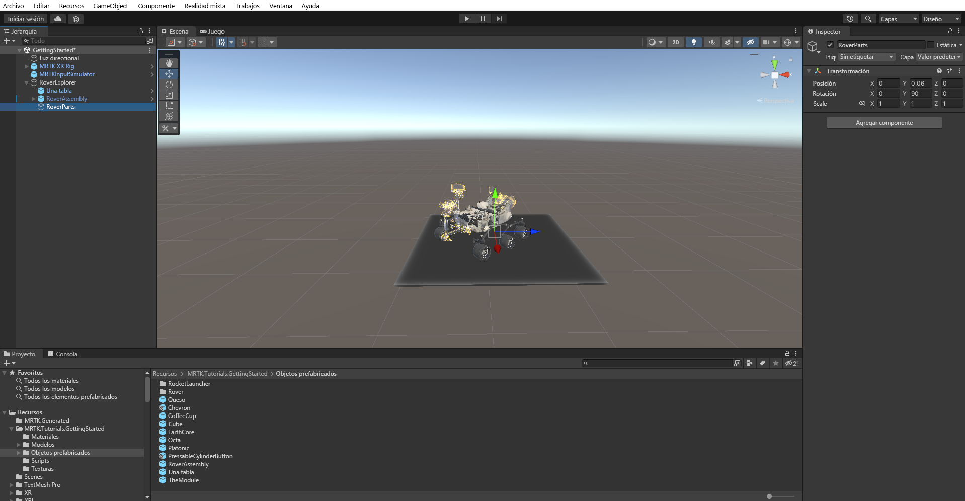 Captura de pantalla que muestra el objeto RoverParts recién creado seleccionado y posicionado.