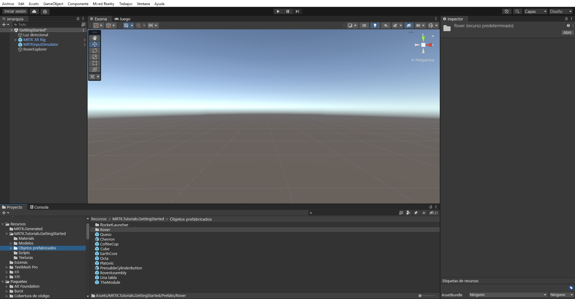 Captura de pantalla de la ventana Project (Proyecto) con la carpeta Prefabs seleccionada.