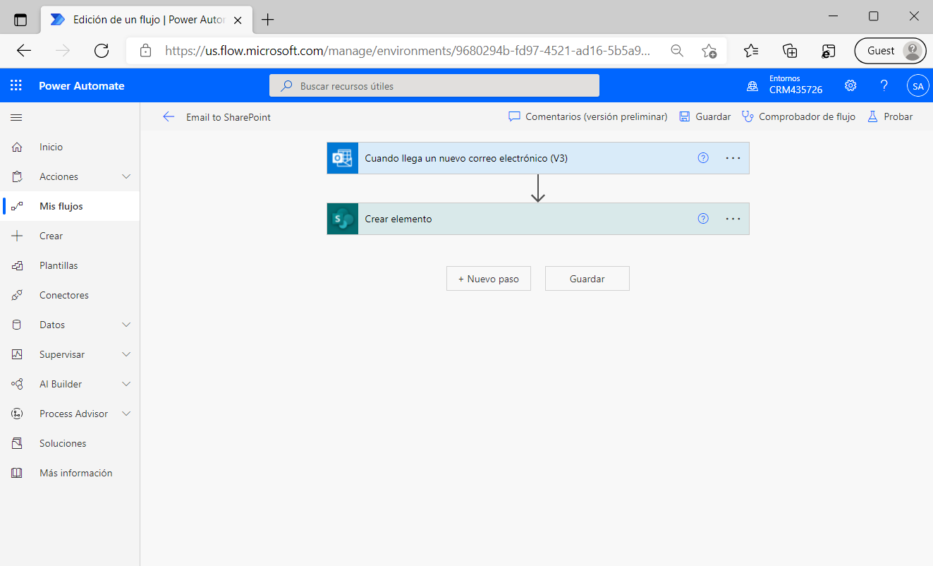 Captura de pantalla del flujo de ejemplo de Power Automate con SharePoint.