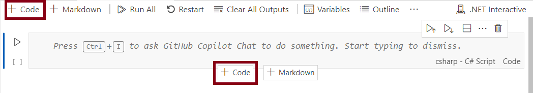Captura de pantalla que muestra cómo agregar una nueva celda de código a las celdas existentes en el cuaderno.