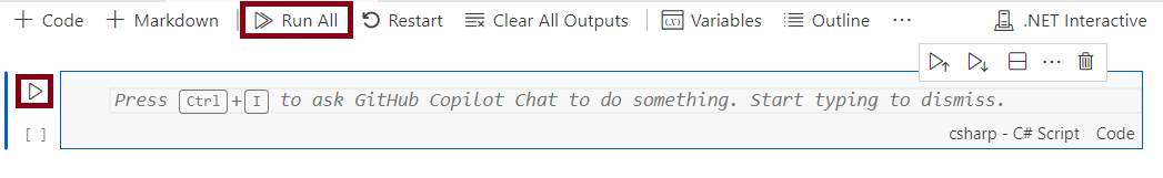 Captura de pantalla que muestra cómo ejecutar una celda de código cada vez y cómo ejecutar todas las celdas de código a la vez.