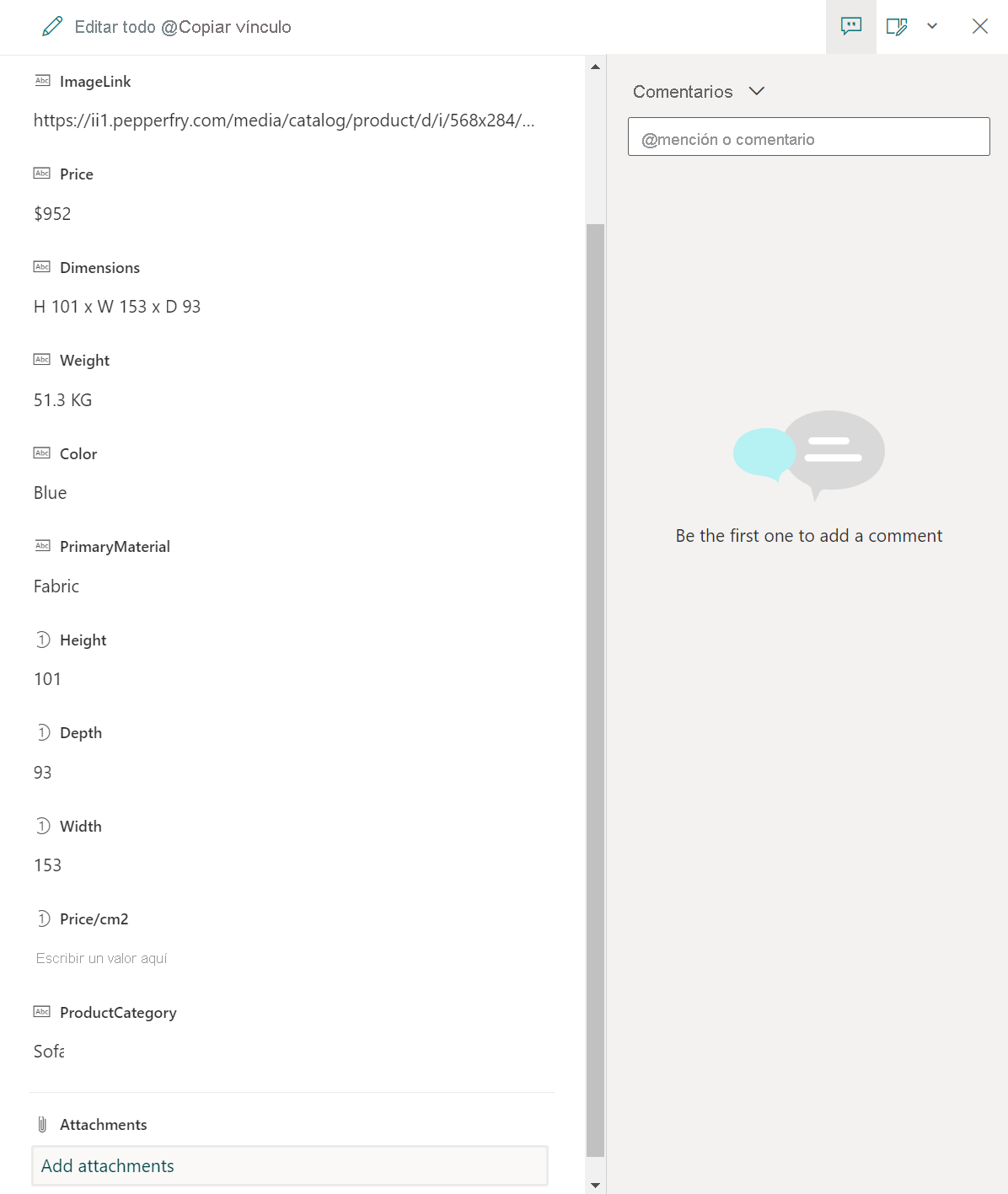Captura de pantalla para agregar datos adjuntos