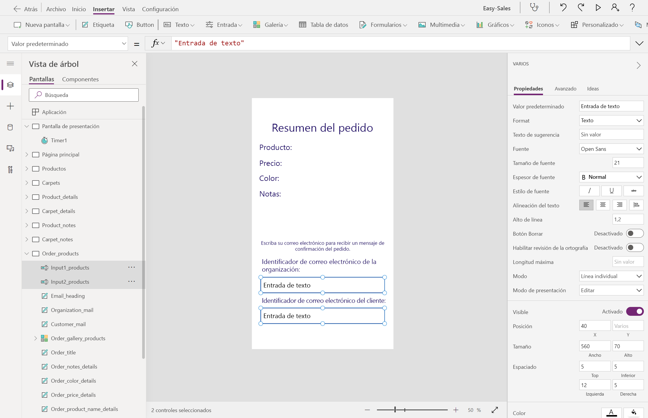 Captura de pantalla de dos campos de entrada de texto.