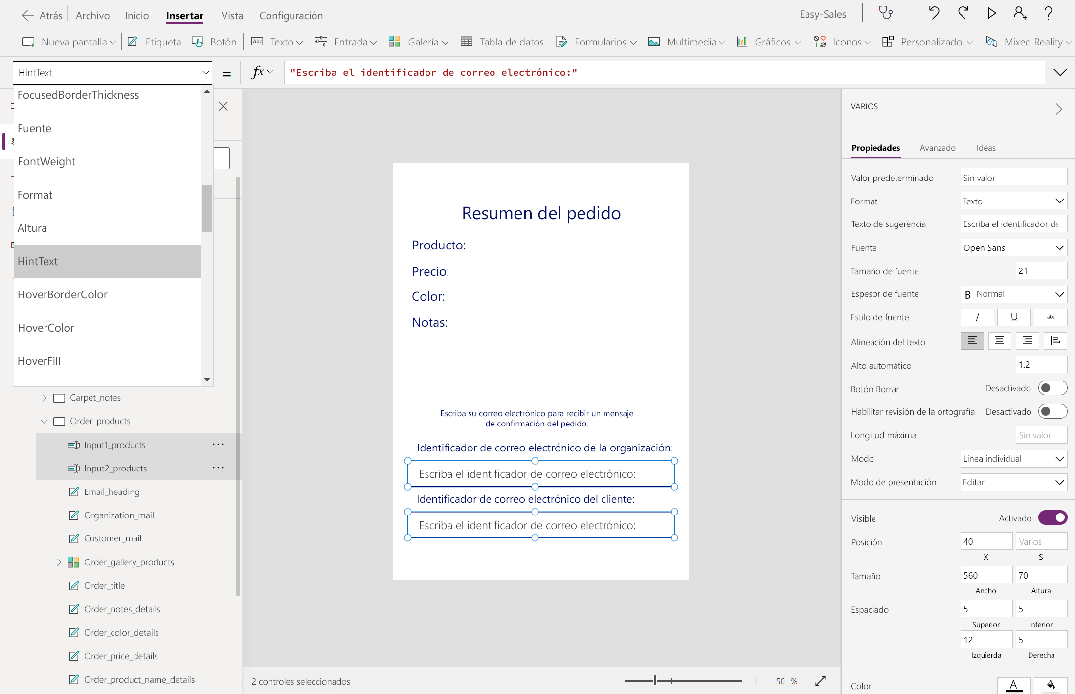 Captura de pantalla de la configuración de Sugerencia.