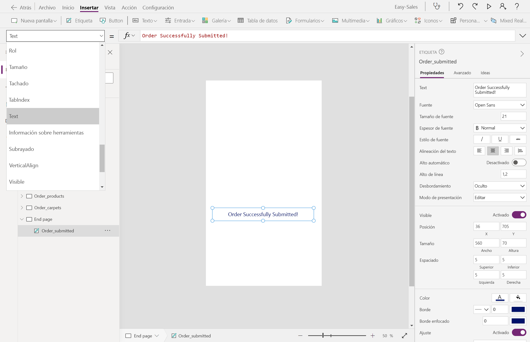 Captura de pantalla de la incorporación de la etiqueta Pedido enviado correctamente.