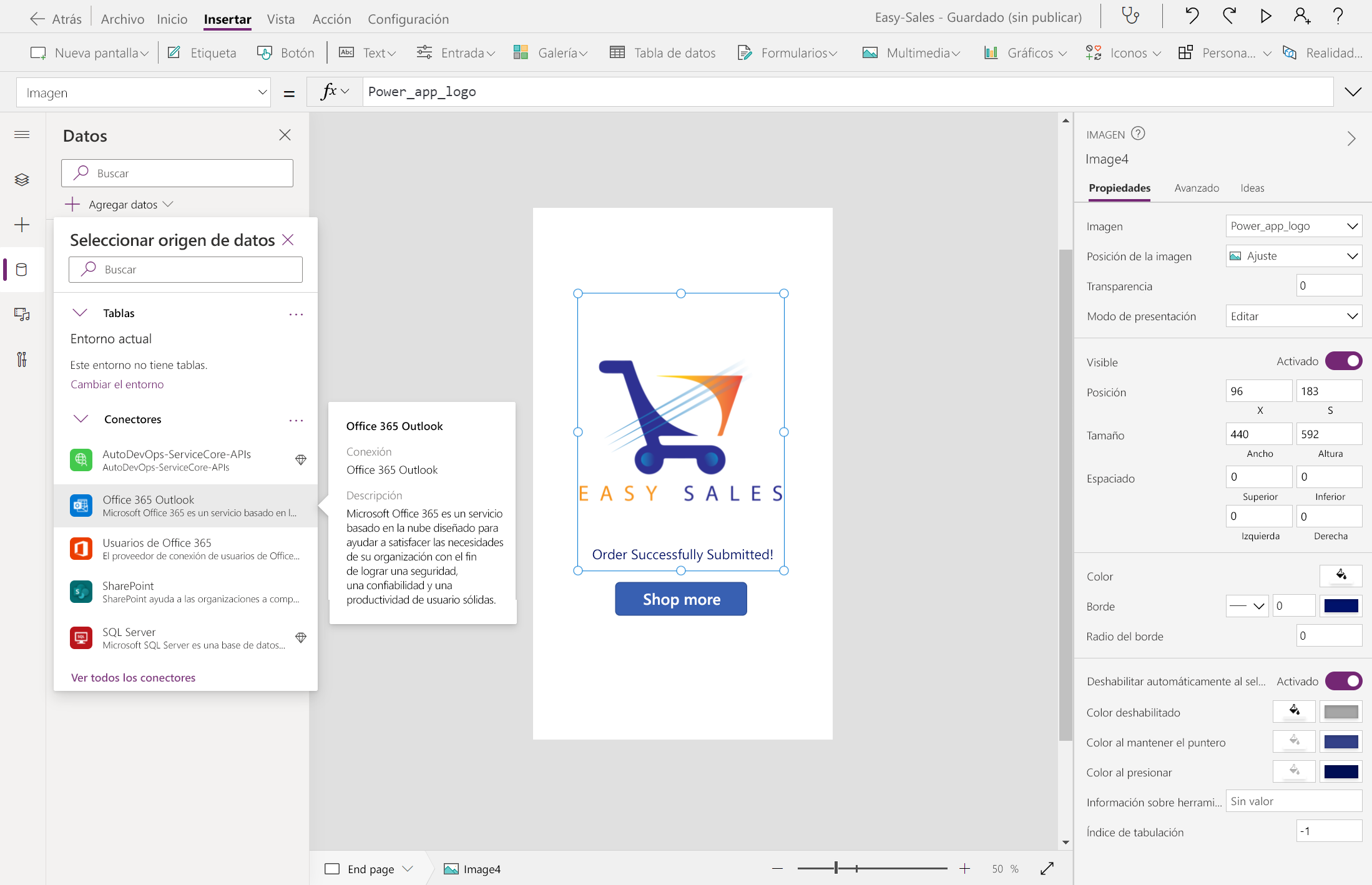 Captura de pantalla de la adición de conectores de datos para Outlook.