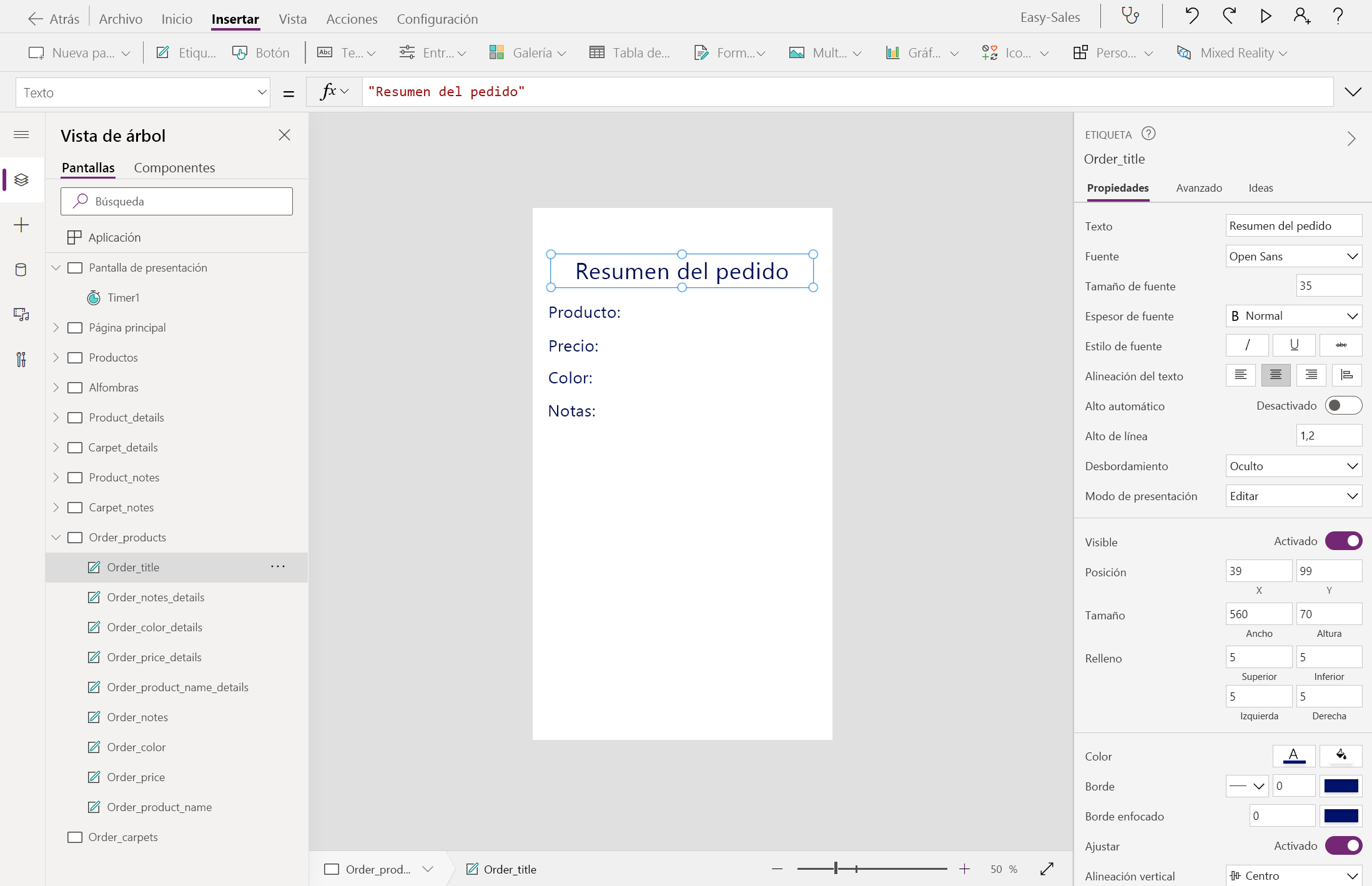 Captura de pantalla de la incorporación de la etiqueta Resumen del pedido.
