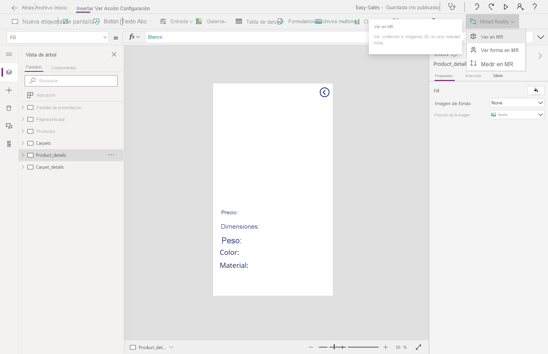 Captura de pantalla de la incorporación del botón Vista en MR.