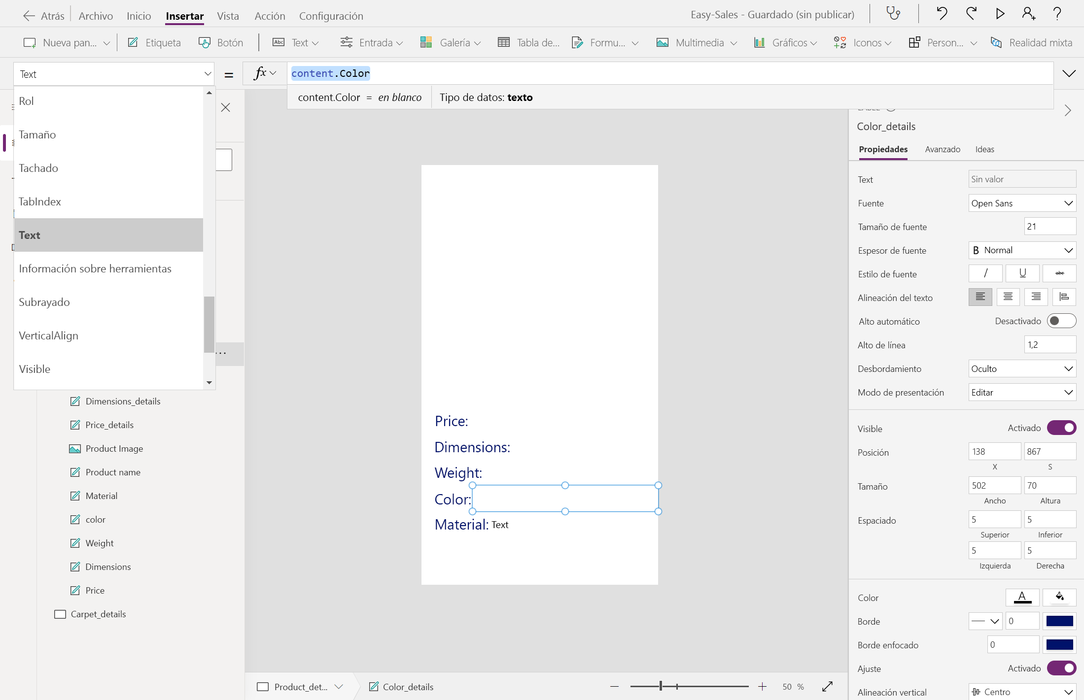 Captura de pantalla de la etiqueta en blanco para Color.