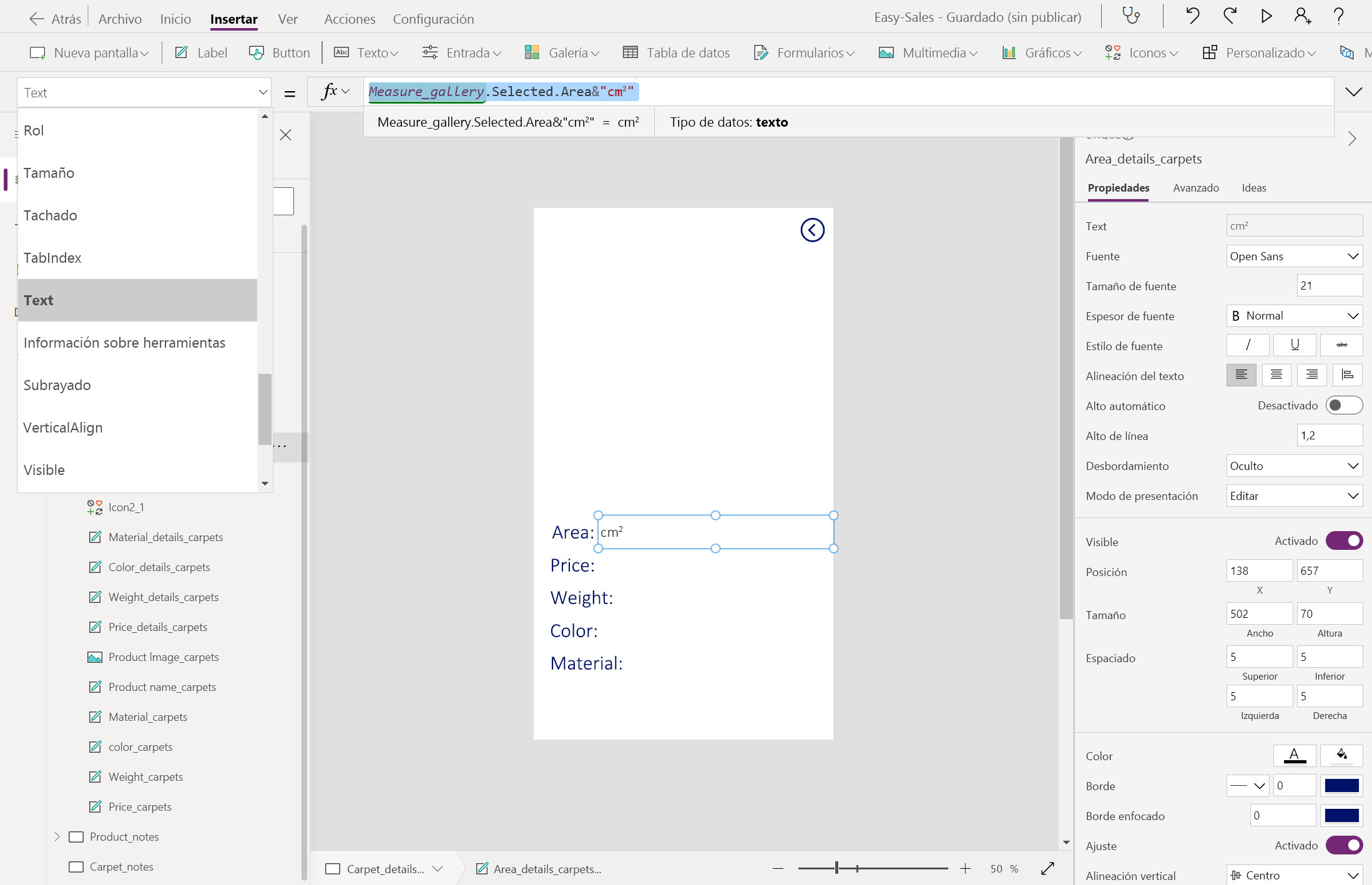 Captura de pantalla del cálculo de Área.