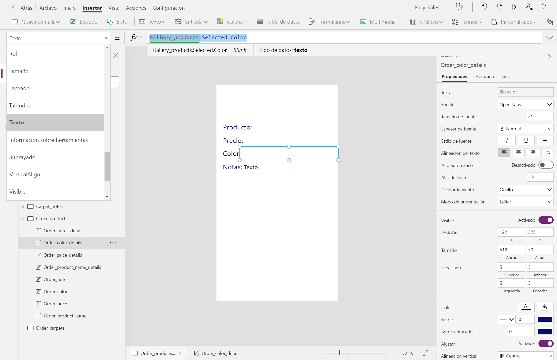 Captura de pantalla de la configuración del texto de Color.