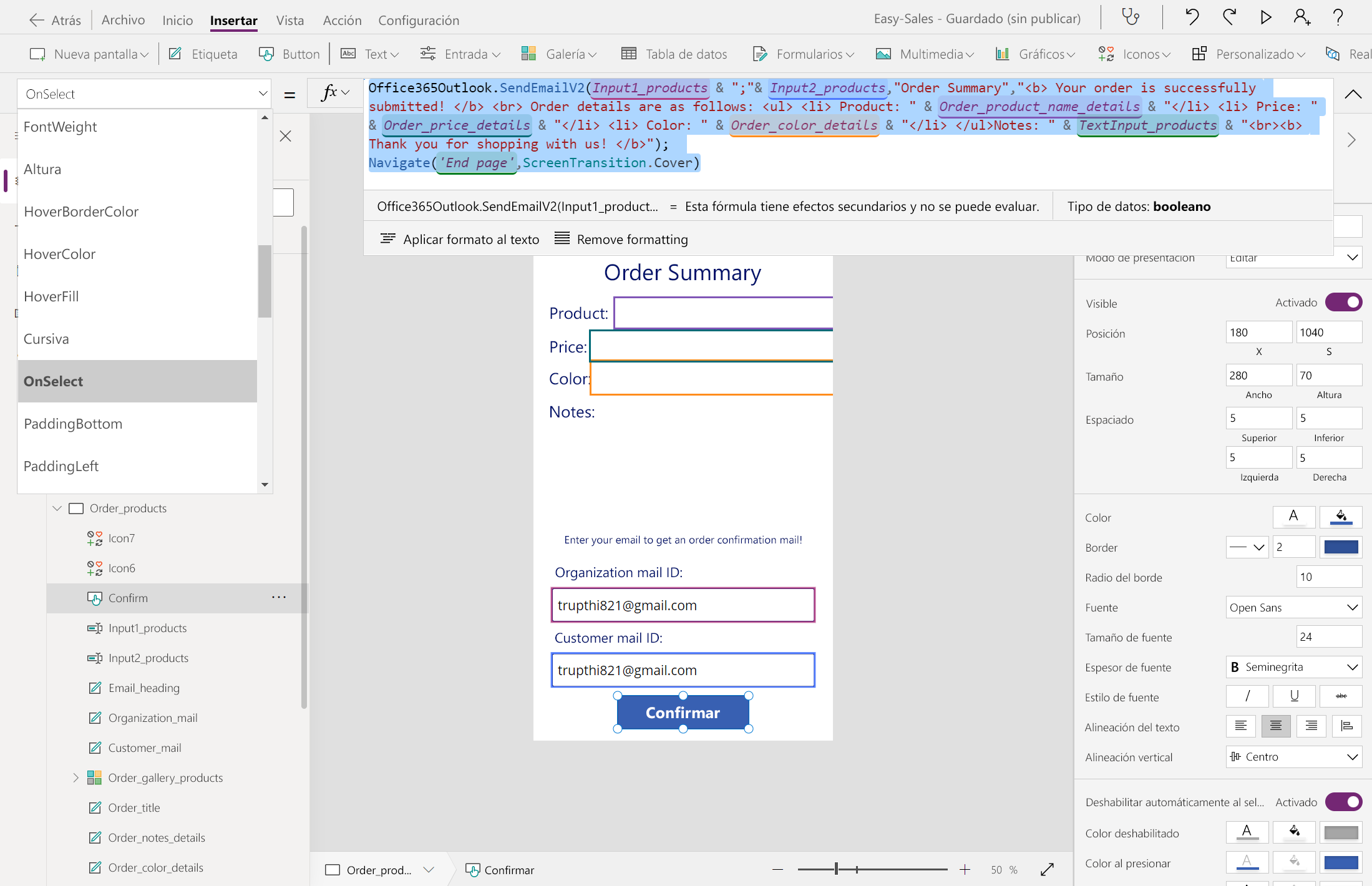 Captura de pantalla de la configuración del botón Confirmar.