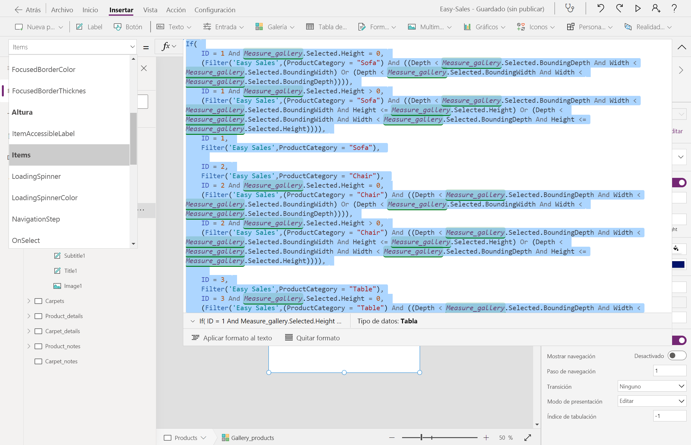 Captura de pantalla de la configuración de elementos en Sofás.