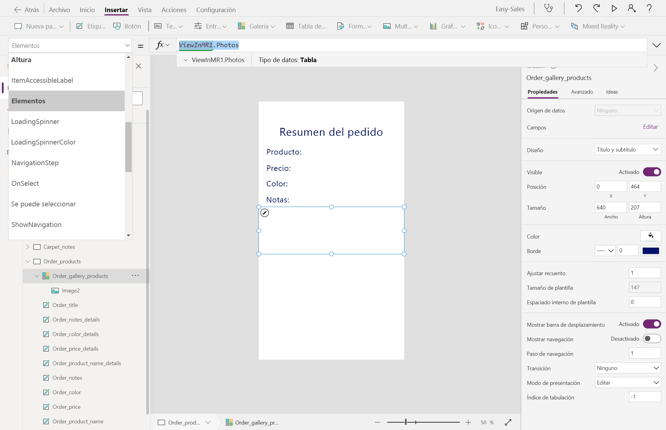 Captura de pantalla de la configuración de elementos en la galería.