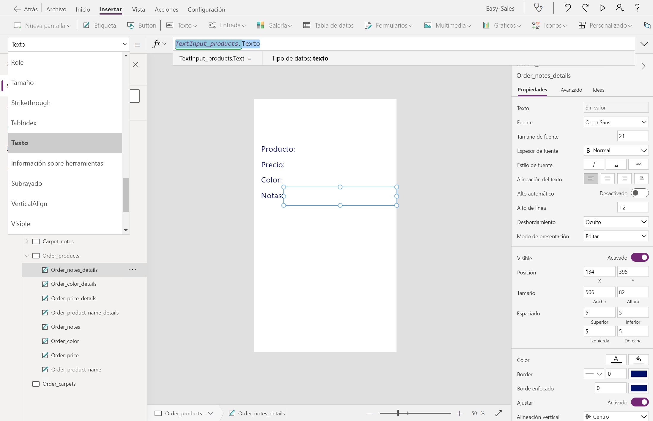 Captura de pantalla de la configuración del texto de Notas.