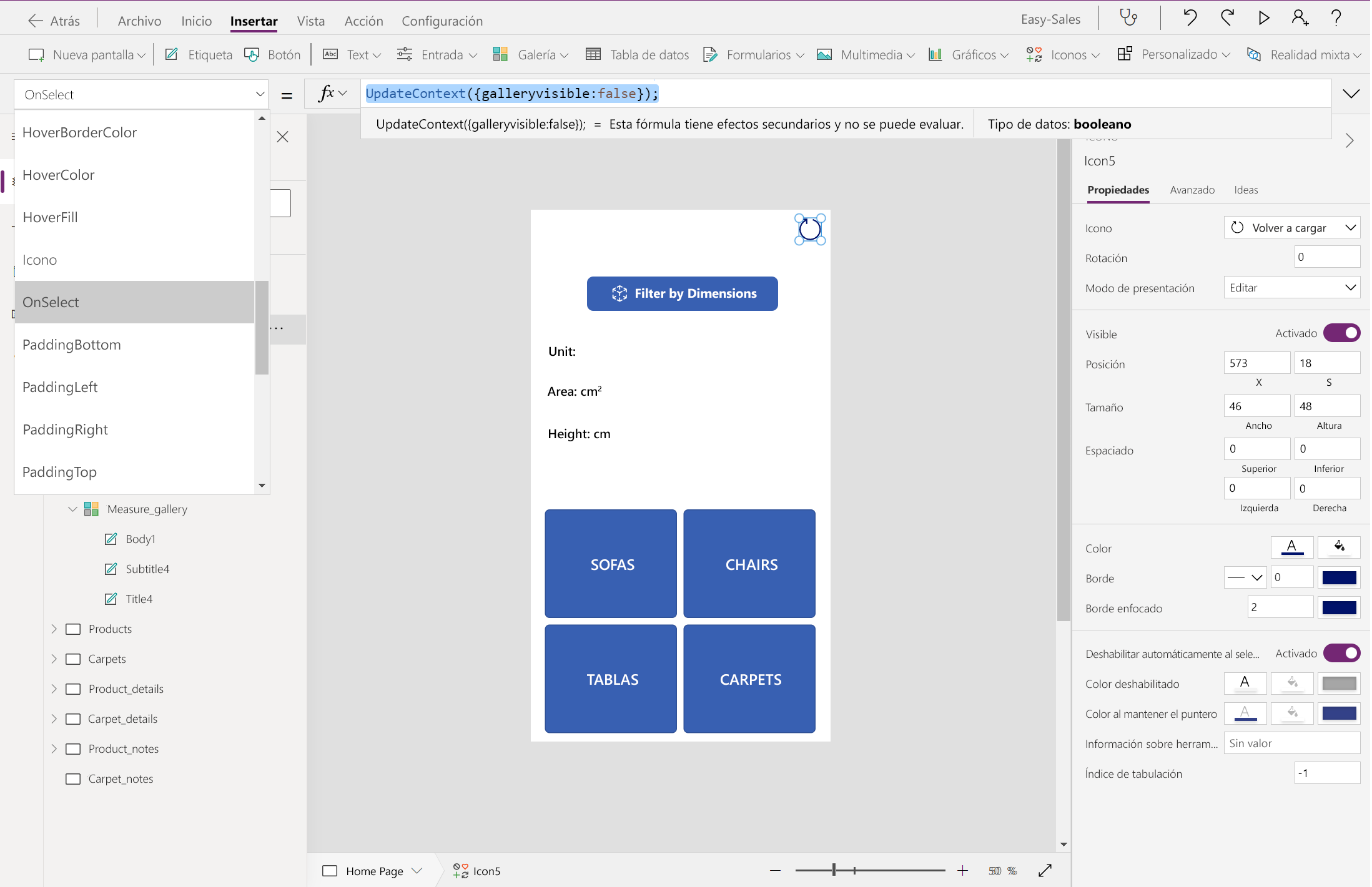Captura de pantalla de la configuración de OnSelect para el icono Recargar.