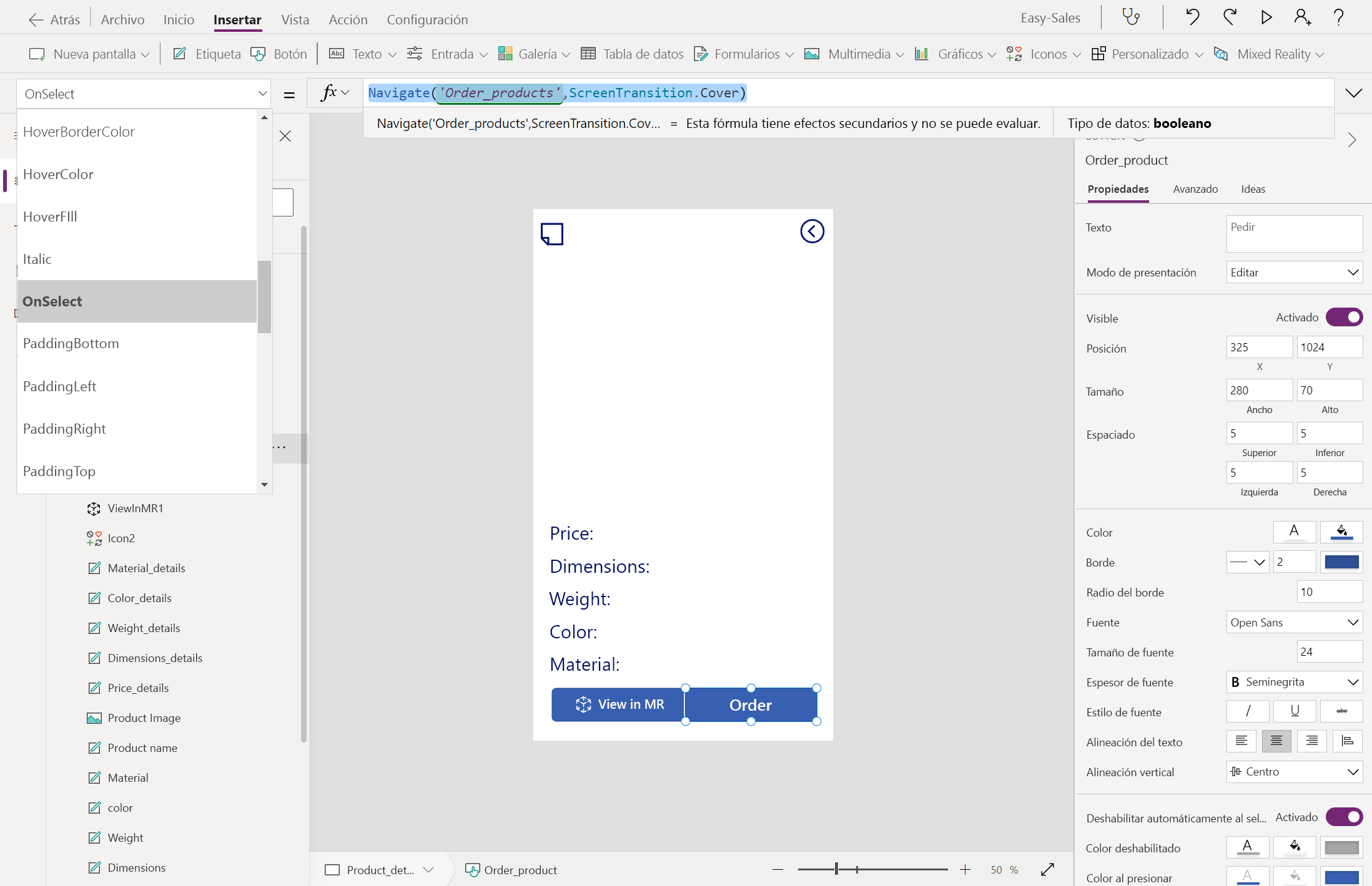 Captura de pantalla de la configuración de OnSelect del botón Pedido.