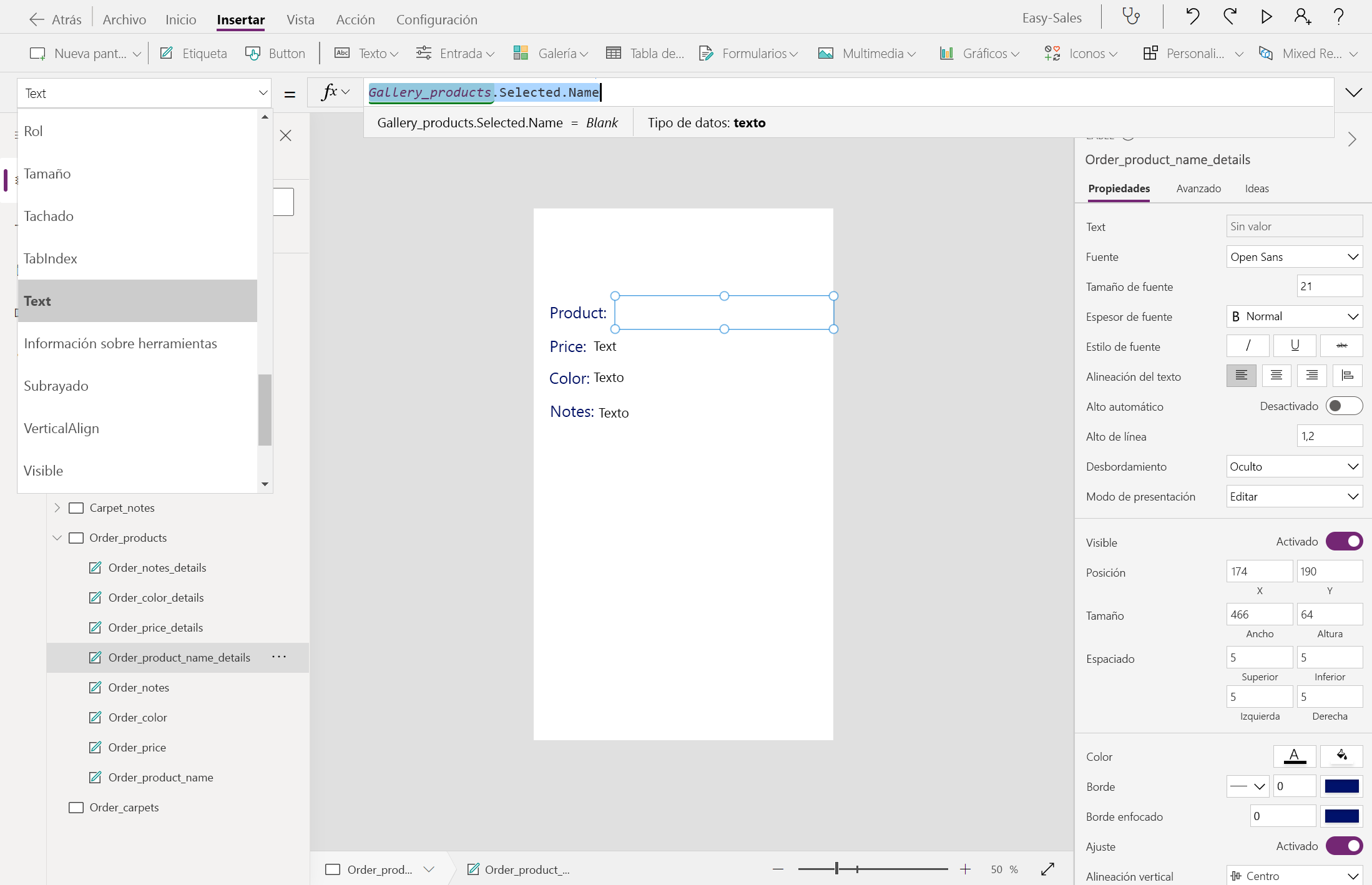 Captura de pantalla de la configuración del texto de Producto.