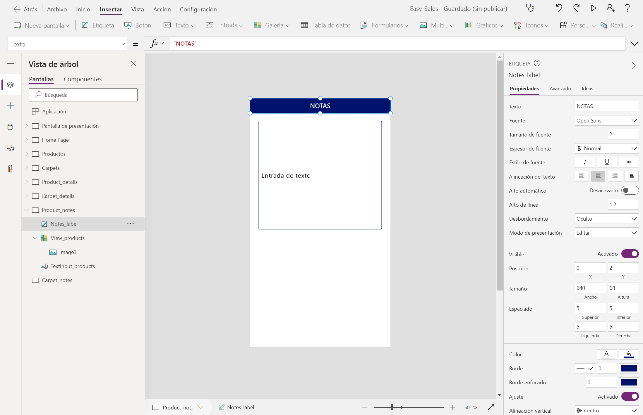 Captura de pantalla de la inserción de una etiqueta.