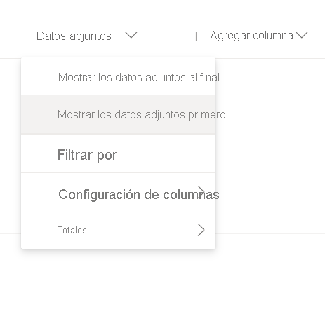 Captura de pantalla para seleccionar la opción Mostrar primero los datos adjuntos.
