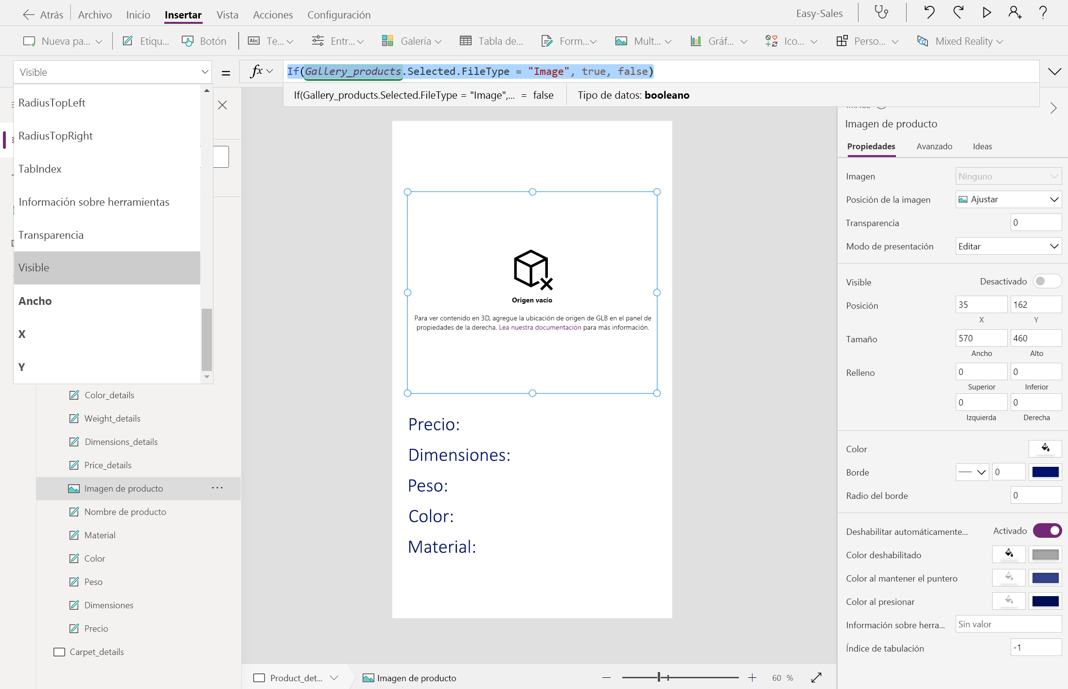 Captura de pantalla de la modificación de la visibilidad de Imagen.