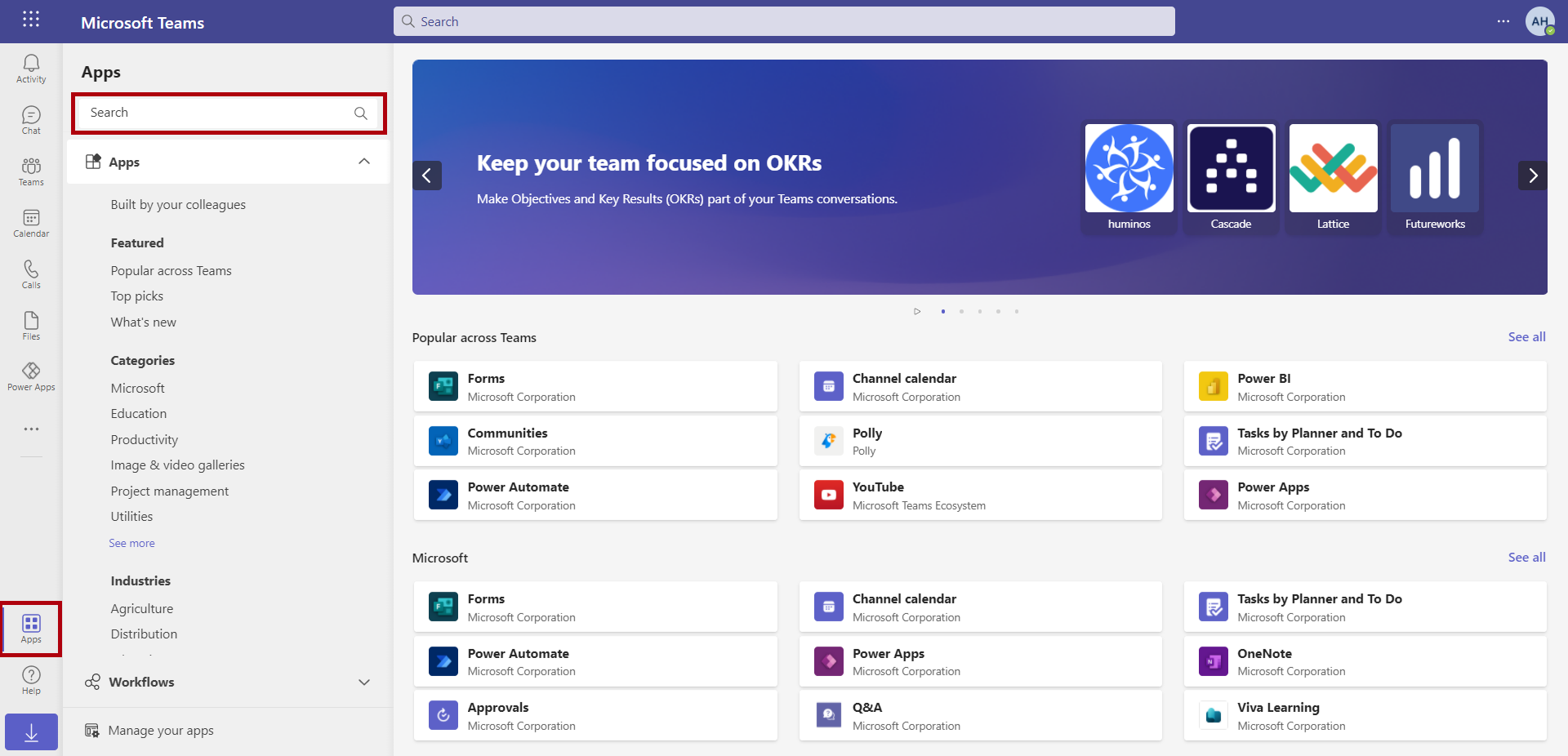Captura de pantalla de la App Store de Microsoft Teams con el icono de Aplicaciones resaltado