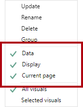 Imagen en la que se muestra el menú contextual del marcador, con las opciones Datos, Mostrar y Página actual habilitadas.