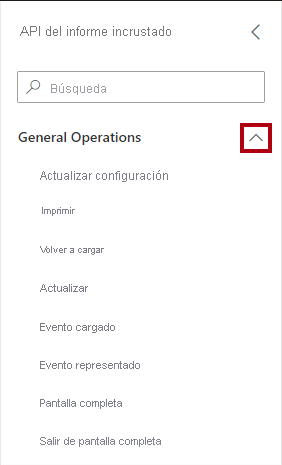 Imagen que muestra el grupo Operaciones generales expandido en el panel API del informe incrustadas.