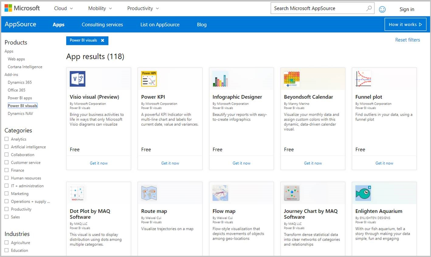 Captura de pantalla que muestra AppSource, que es el lugar donde podrá encontrar aplicaciones SaaS y complementos para los productos y servicios de Microsoft.