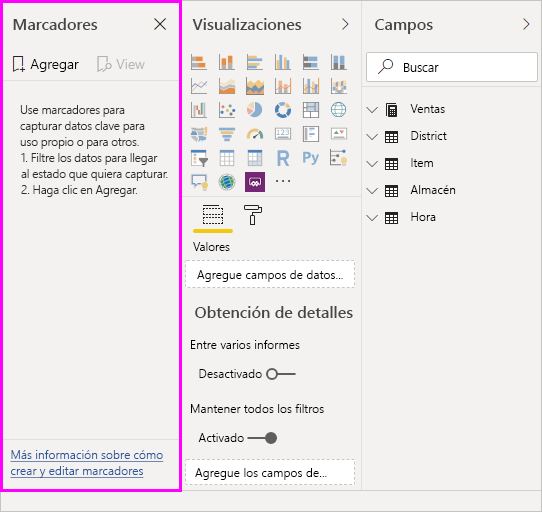 Captura de pantalla que muestra el panel Marcadores con la vista configurada de una página del informe, incluidos los filtros y el estado de los objetos visuales.