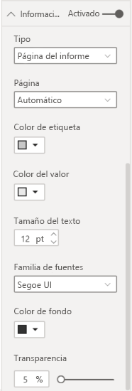Captura de pantalla que muestra las opciones básicas de formato de Power BI para información sobre herramientas.