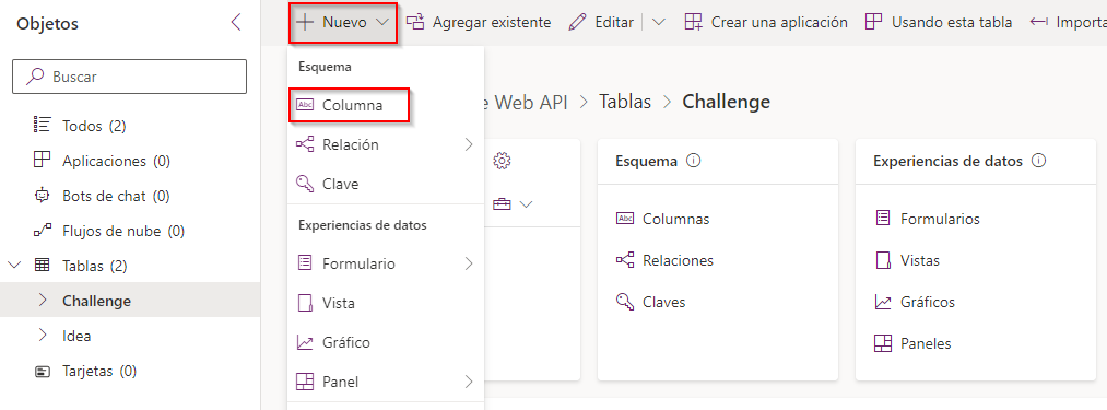 Captura de pantalla del botón Agregar columna a tabla